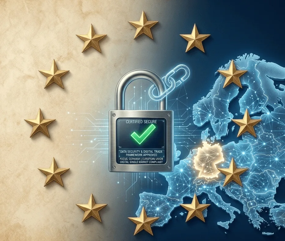 EU-Sterne, Vorhängeschloss mit Compliance-Plakette und digitale Europakarte mit Deutschland als Sinnbild für DSGVO-konforme KI-Tools