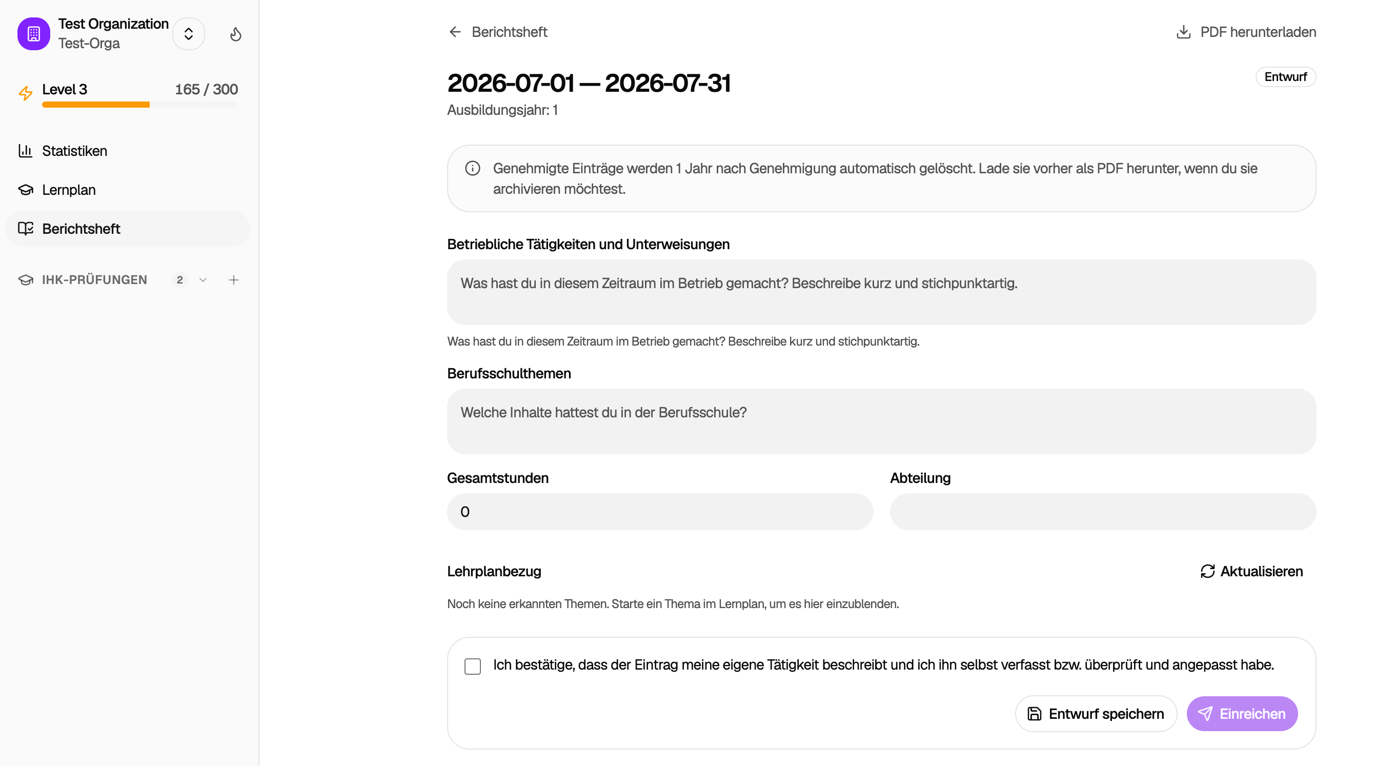 Berichtsheft-Eintrag in LearnSlice mit strukturierten Feldern für betriebliche Tätigkeiten, Berufsschulthemen, Abteilung und automatischem Lehrplanbezug