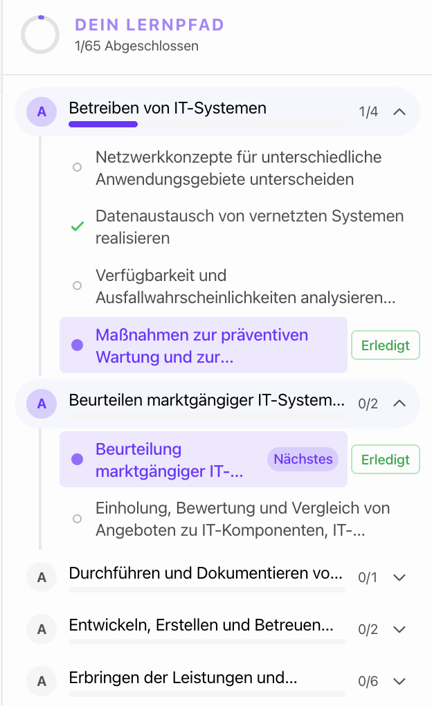 LearnSlice IHK-Lernpfad mit strukturierten Prüfungsthemen und Fortschrittsanzeige