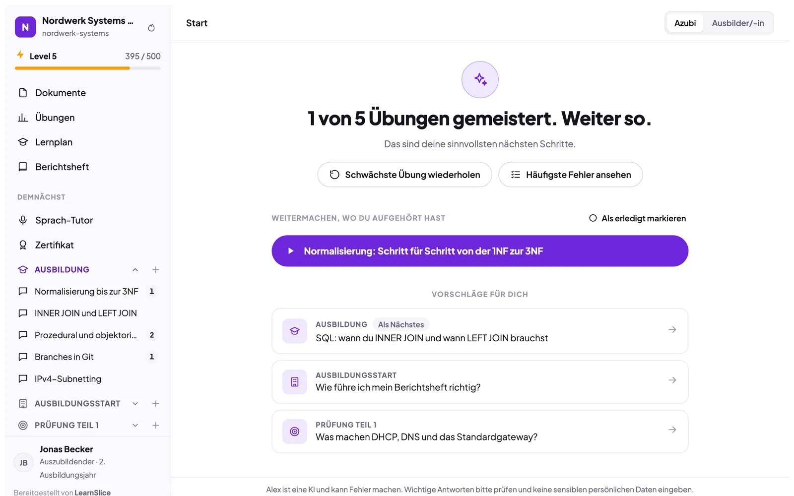 LearnSlice-Demo: Startseite eines Fachinformatiker-Azubis mit Lernfortschritt, nächsten Übungen und KI-Tutor