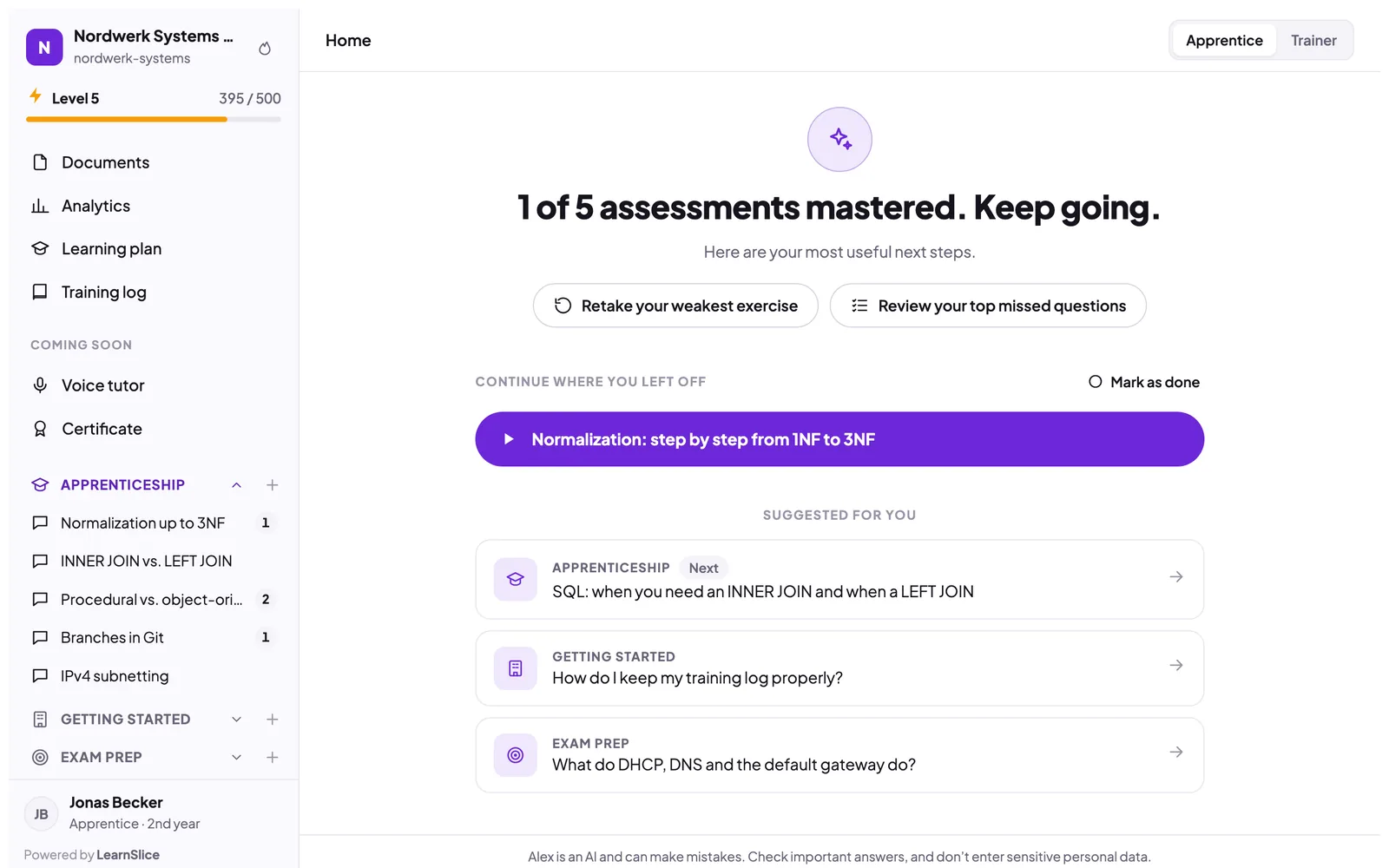 LearnSlice demo: home screen of an IT specialist apprentice with learning progress, next exercises and the AI tutor