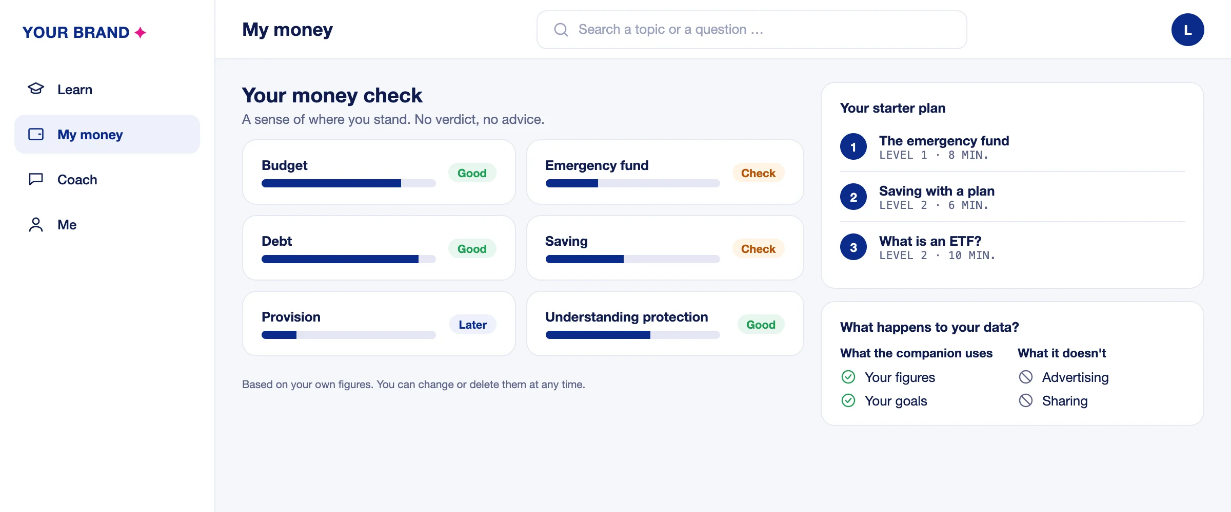 Money check with six areas, a starter plan and an overview of which data the companion uses