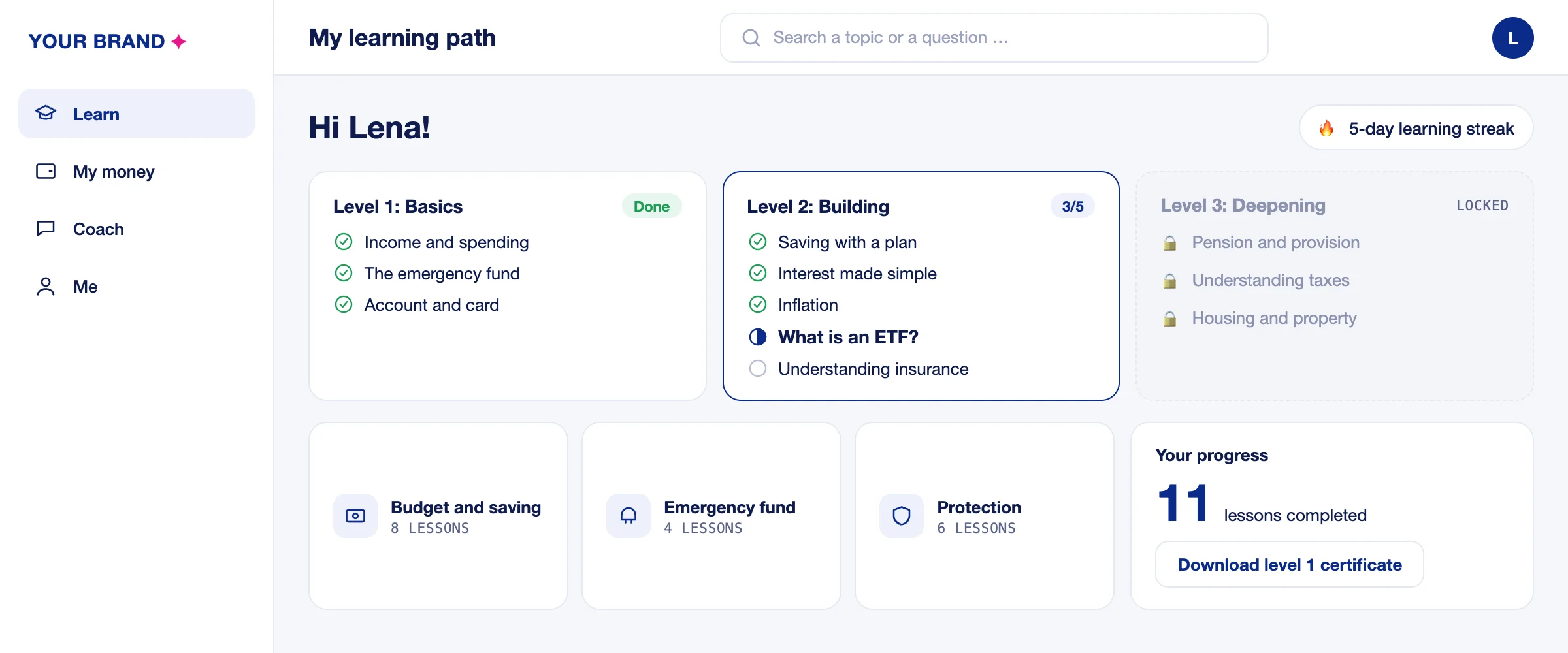 Learning path with three levels, topics, a learning streak and a certificate