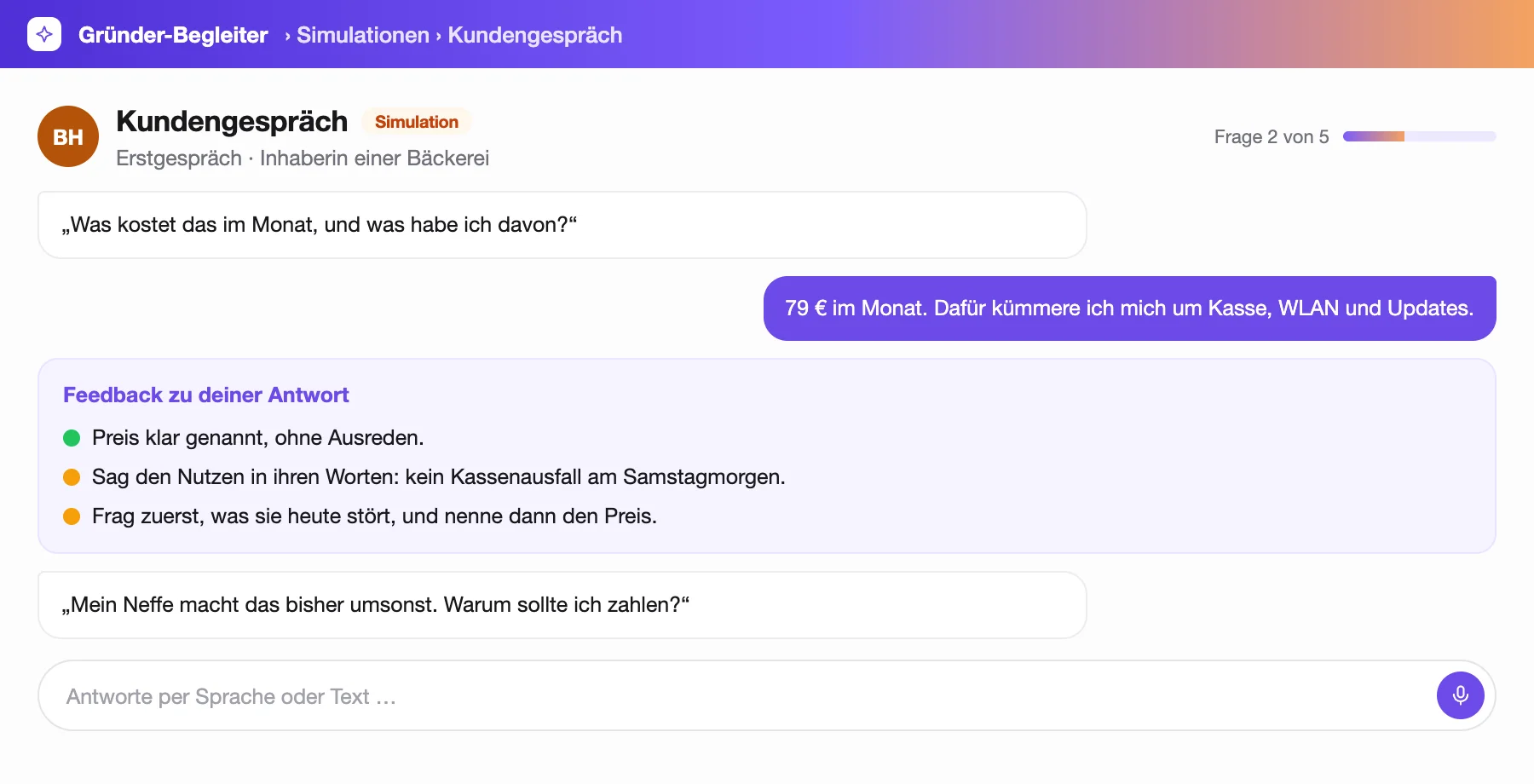 Simuliertes Kundengespräch mit der Inhaberin einer Bäckerei und Feedback zur Antwort