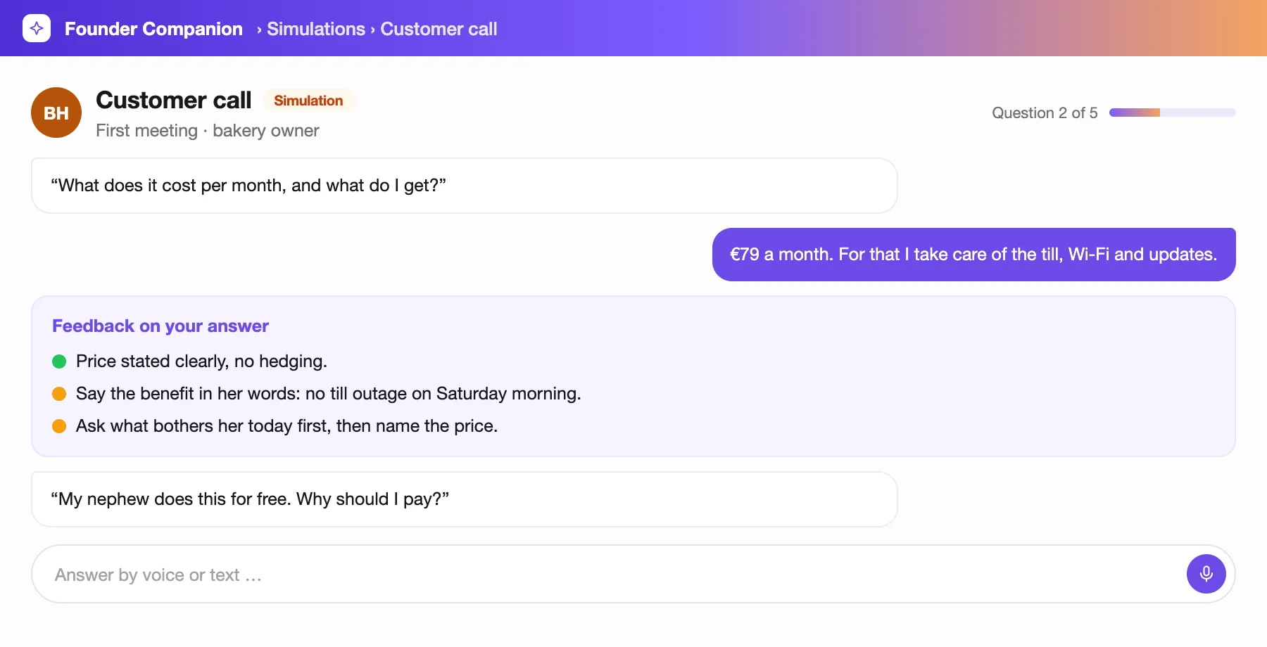Simulated customer call with a bakery owner and feedback on the answer