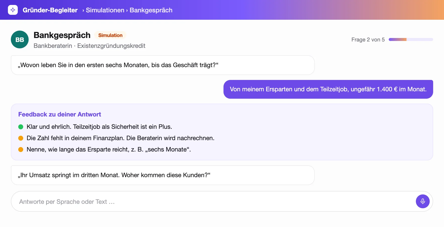 Simuliertes Bankgespräch mit einer Bankberaterin und Feedback zur Antwort