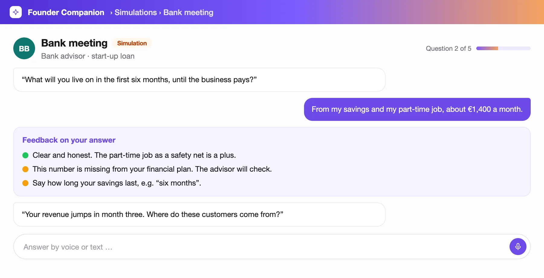 Simulated bank meeting with a bank advisor and feedback on the answer