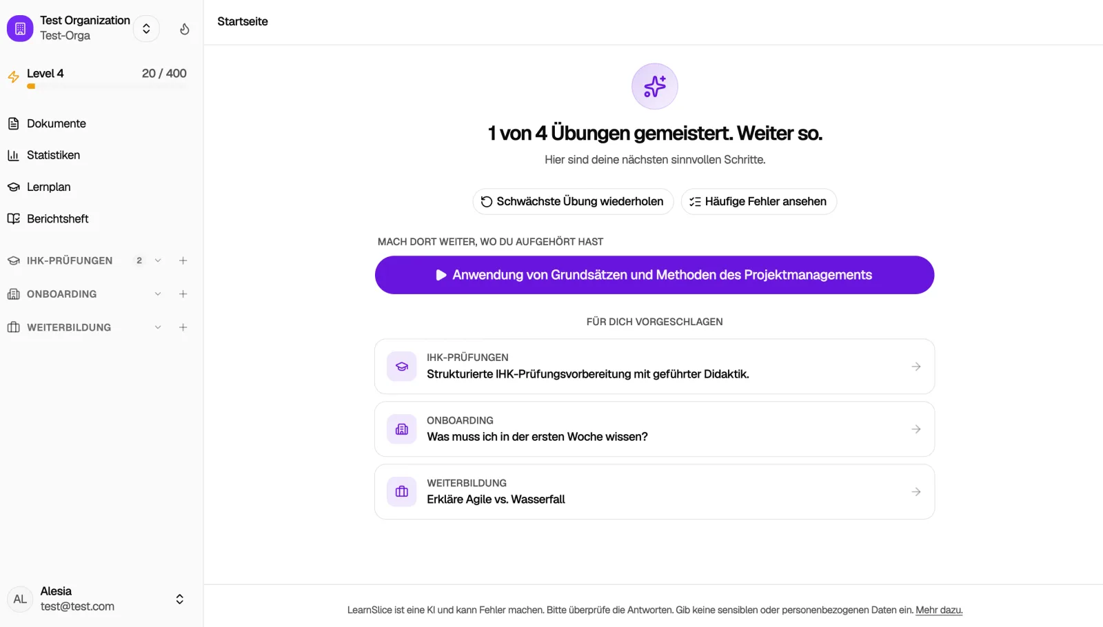 The LearnSlice learner home screen: level progress, suggested next exercises, and sections for IHK exams, onboarding, and continuing education
