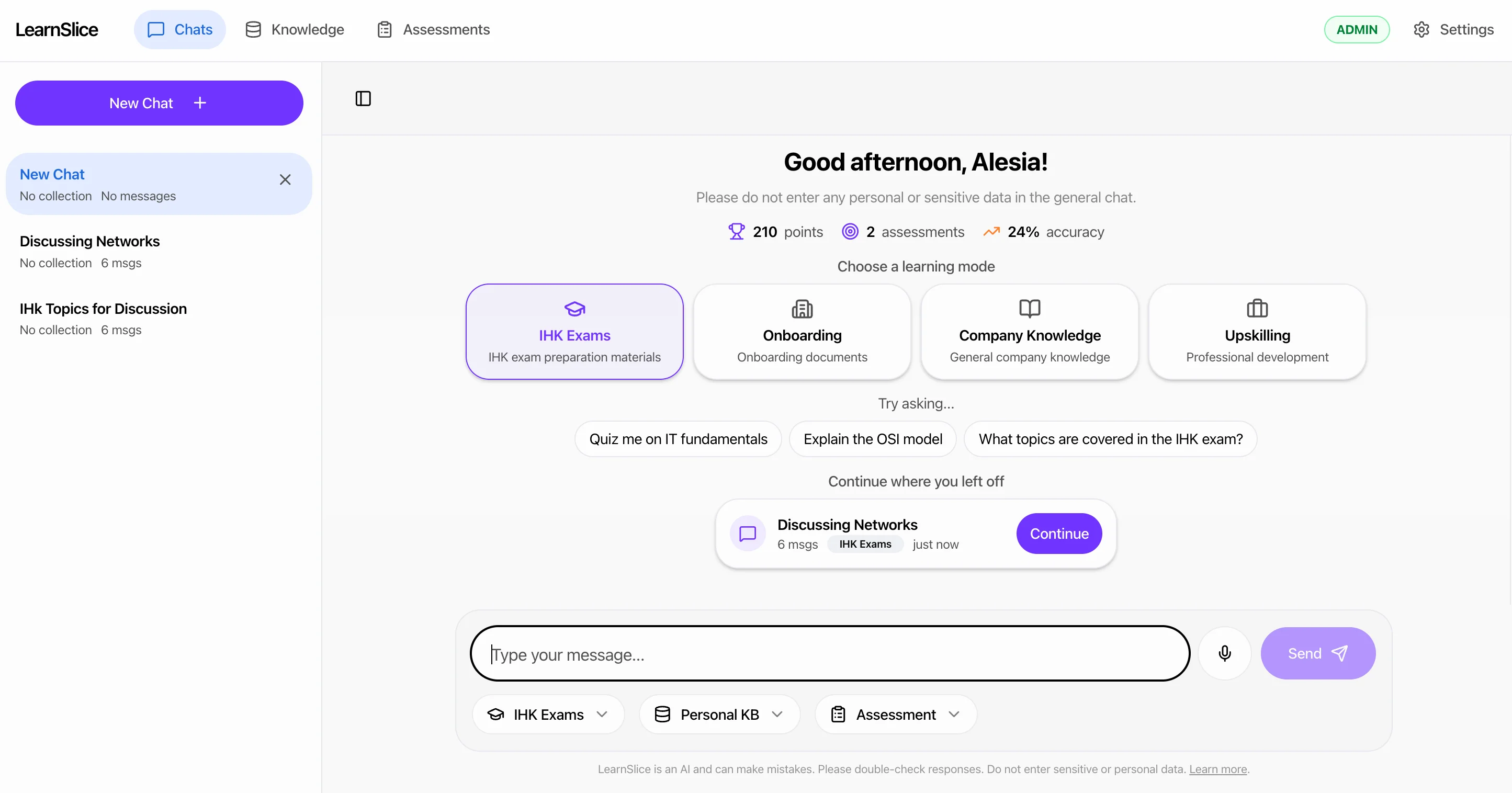 KI-Lern-Chat mit Modi für IHK-Prüfung, Onboarding, Unternehmenswissen und Upskilling