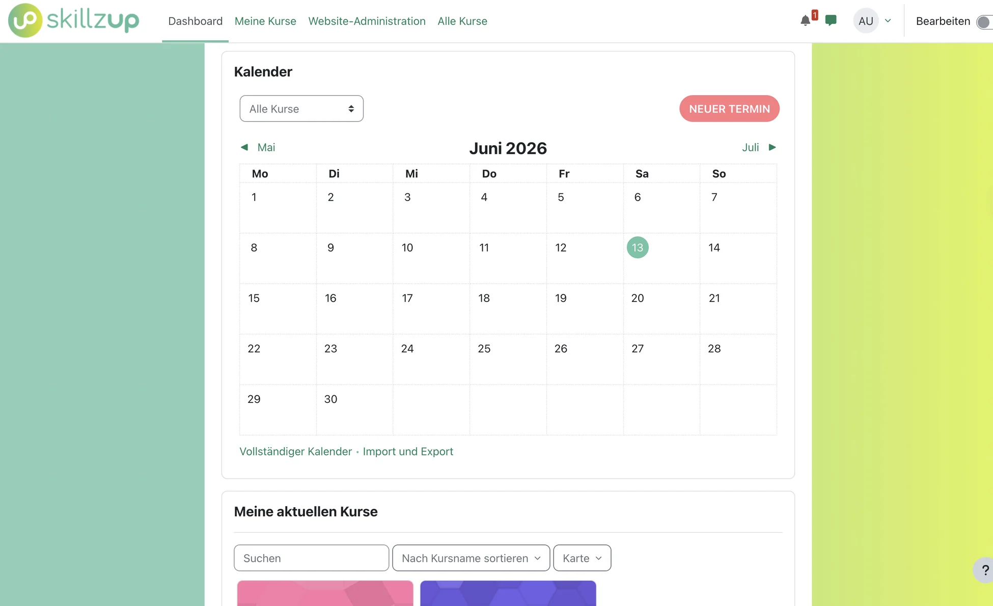 skillzUP-Lernenden-Dashboard auf einem angepassten Moodle, mit gebrandetem Theme, Kalender und aktuellen Kursen